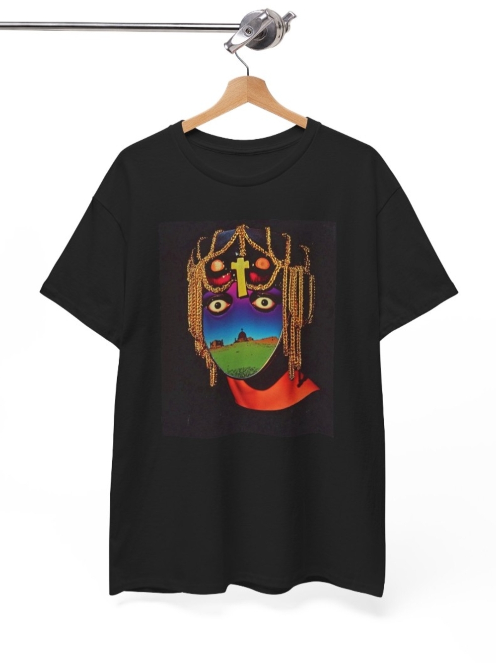 Gildan Black Short Sleeve Tee with Multicolor Surreal Mask Graphic